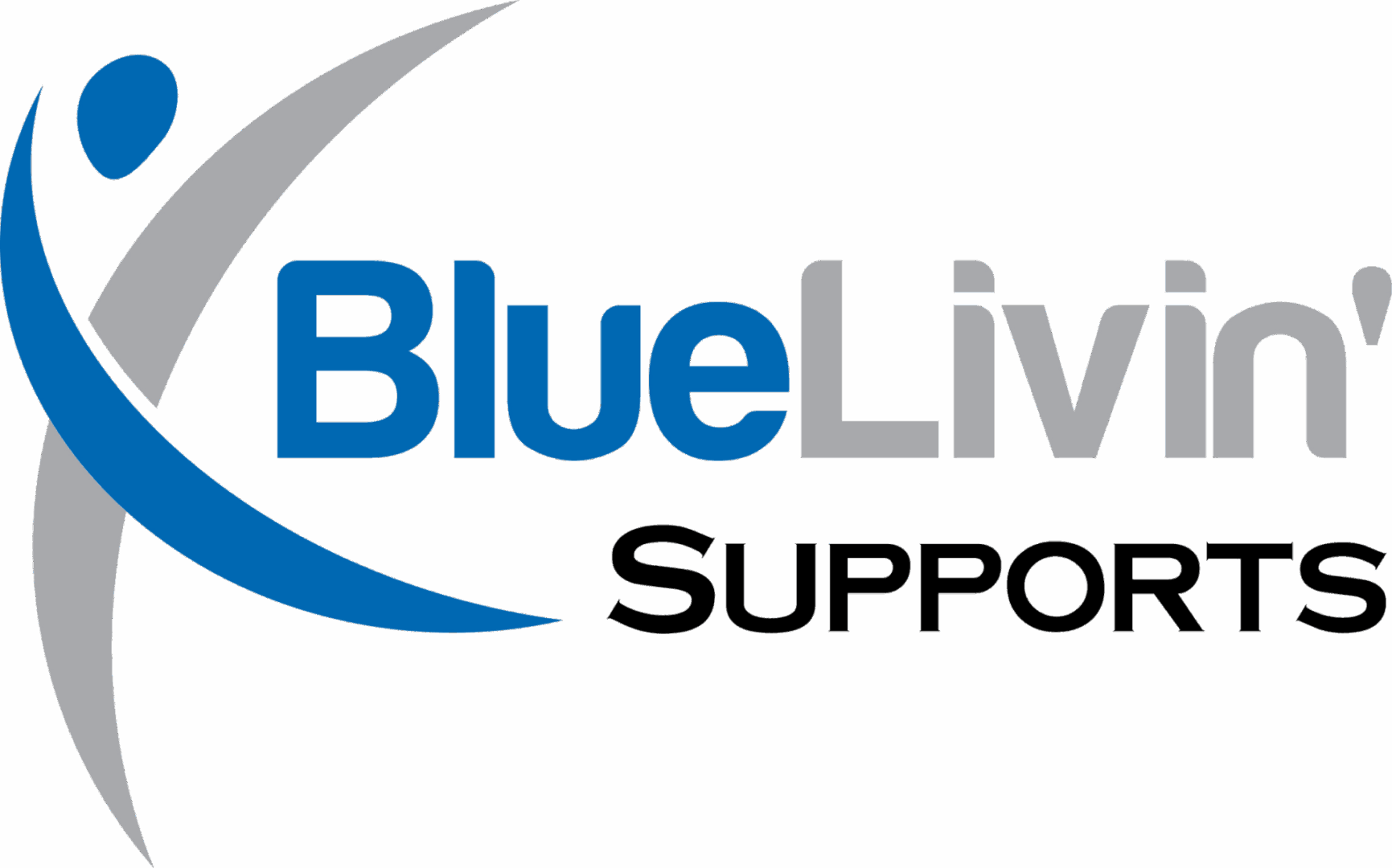 Logo with text "Blue Livin' Supports" in blue, grey, and black, alongside a blue and grey abstract human figure design.